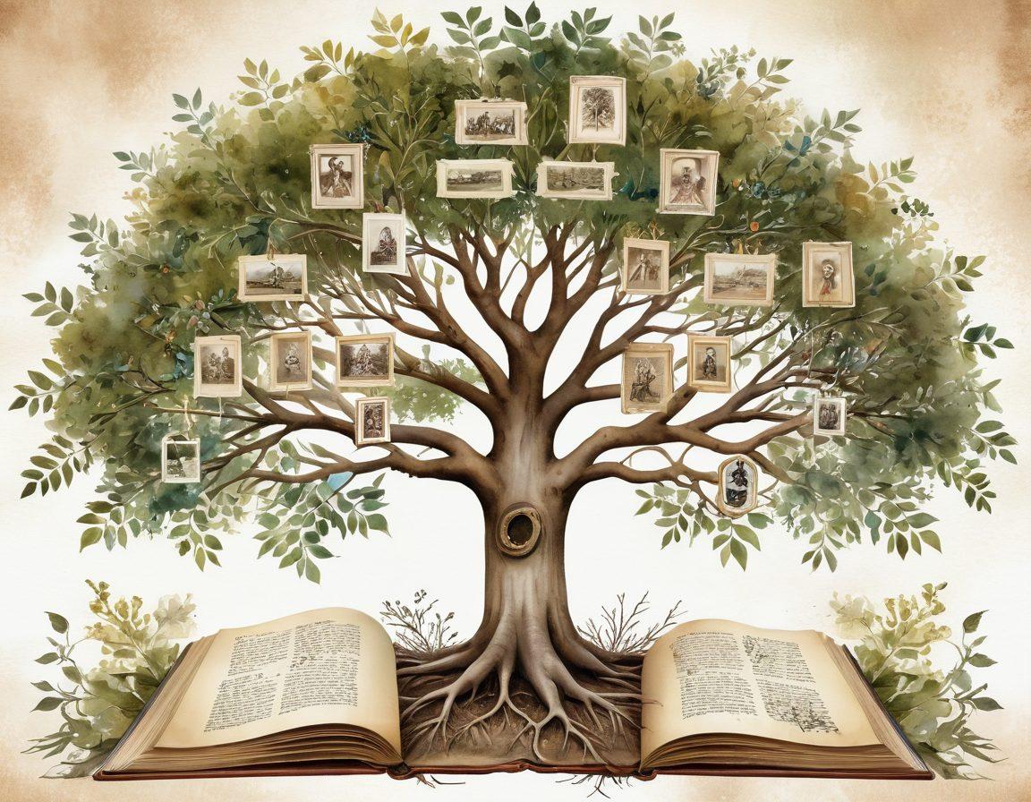 A captivating illustration of a family tree intertwining with roots and branches, each adorned with historical photos and artifacts. Include elements of diverse cultures, symbols of ancestry, and an open book detailing a family history. The background should be a serene landscape, representing a journey through time and heritage. Artistic style: watercolor with soft hues and intricate details.
