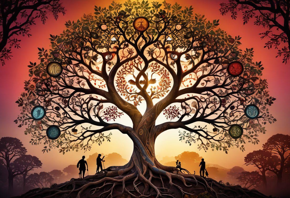 A beautiful family tree with intricate branches representing diverse ancestral heritages, each branch adorned with cultural symbols and artifacts. A soft glow emanates from each node, depicting interconnected stories across generations. The background features a kaleidoscope of heritage landscapes reflecting different cultures. super-realistic. vibrant colors. textured background.