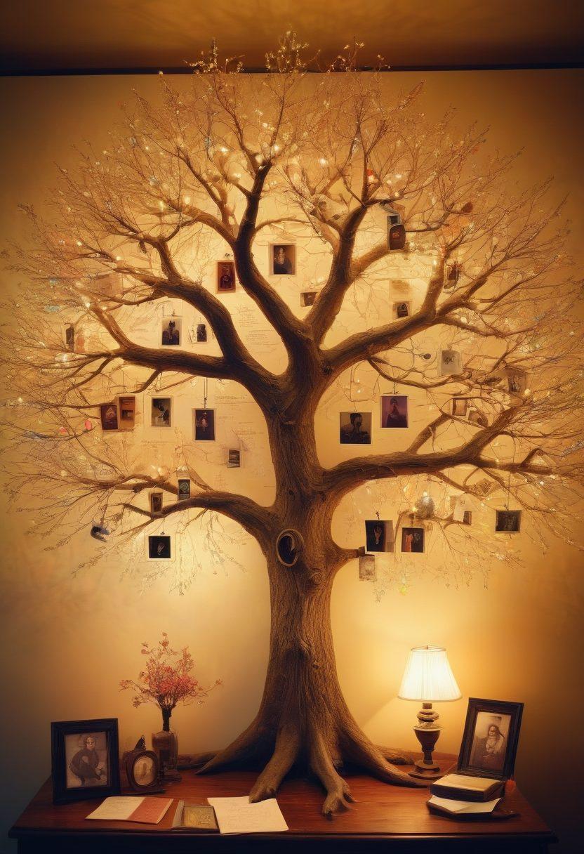 An intricately designed family tree with colorful branches extending across the canvas, featuring old photographs, parchment maps, and handwritten notes that signify different ancestors. In the background, soft glowing lights illuminate the branches, creating a sense of discovery and connection. Subtle symbols of heritage such as globes, clocks, and vintage heirlooms are scattered throughout the image. super-realistic. vibrant colors. soft focus.